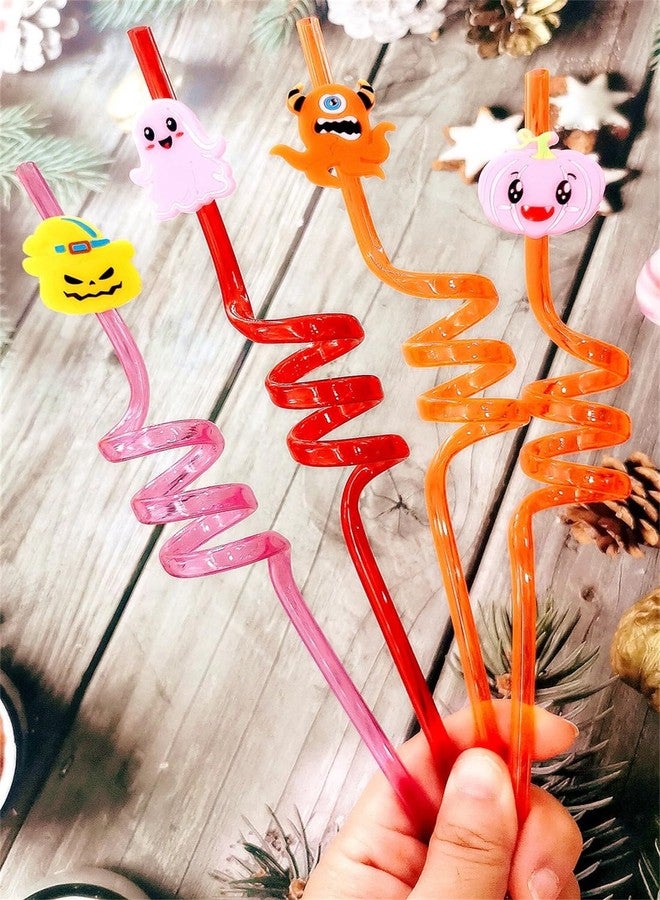 Roaqua 24 packs Bulk Halloween Reusable Plastic Straws For Kids Birthday Party Favors,Pumpkin Ghost Witch Crazy Drink Straws For Classroom Activity with brush - Image 2
